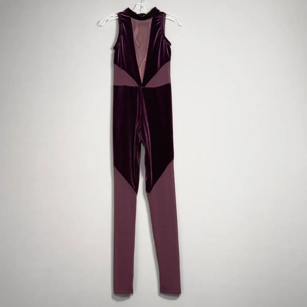 KELLE Shifting Lines Merlot Deep Red Mock Neck Unitard Bodysuit Medium Child MC